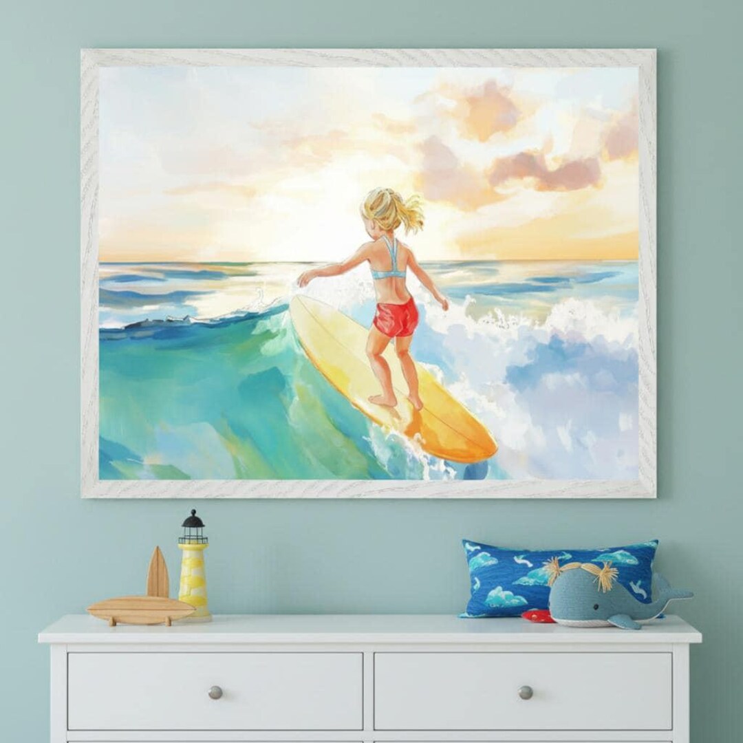 Girl Surfer Wall Art, Surfer Girl Nursery Decor, Watercolor Beach