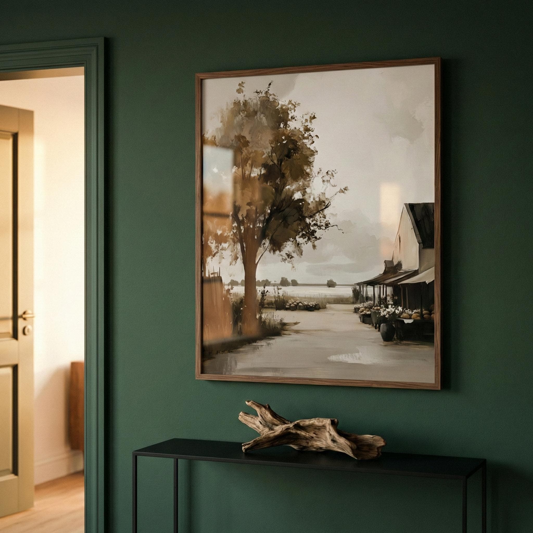 Countryside Landscape Muted Sepia Tones Wall Art, Rustic Farmhouse