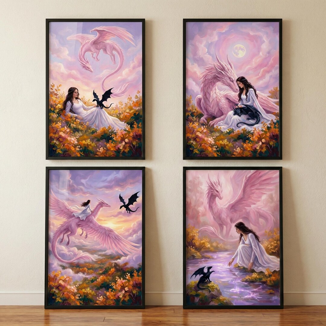 Pink Dragon Print Set of 4, Fantasy Wall Art, Whimsical Dragon ...