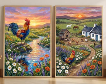 Farm Rooster Wall Art Set of 2, Countryside Sunset Landscape, Rustic Farmhouse Barnyard Illustration, Floral Nature Print, 2 Piece Wall Art