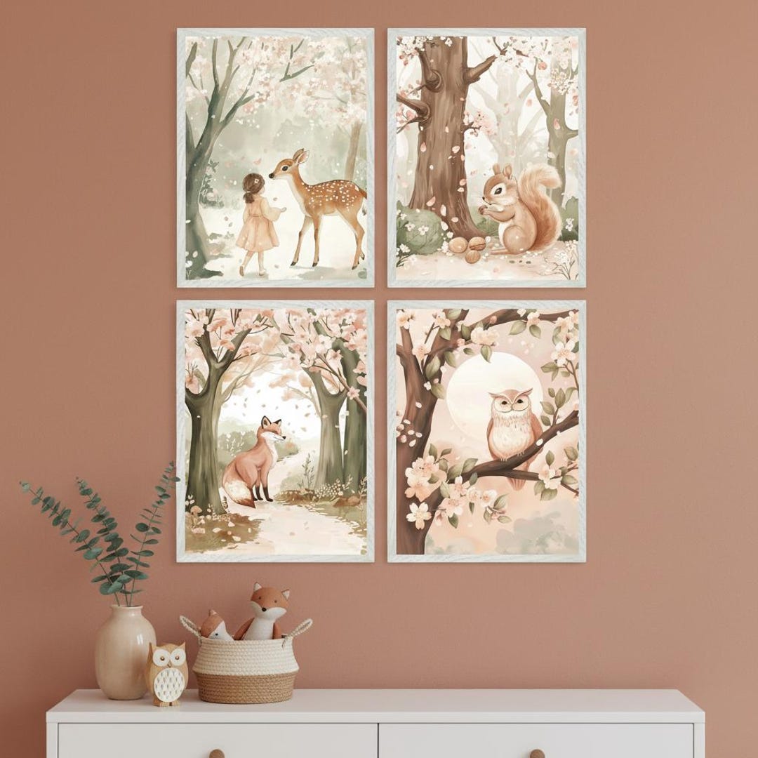 Woodland Animal Nursery Wall Art Set, Girl and Deer Forest Decor ...