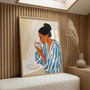 Woman With Coffee Minimalist Wall Art, Morning Routine Illustration, Blue Striped Robe Print, Modern Feminine Decor, Coffee Lover Art Print