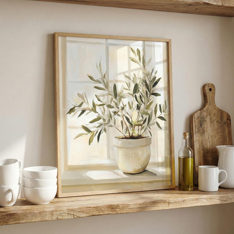 Olive Tree Botanical Watercolor Style Wall Art, Olive Branch Decor, Mediterranean Home Decor, Minimalist Plant Print, Farmhouse Kitchen Art image 3