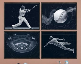 Blue Baseball Print - Set of 4, Sports Wall Art for Boys Room, Navy Blue Baseball Stadium Decor, Minimalist Baseball Player Posters