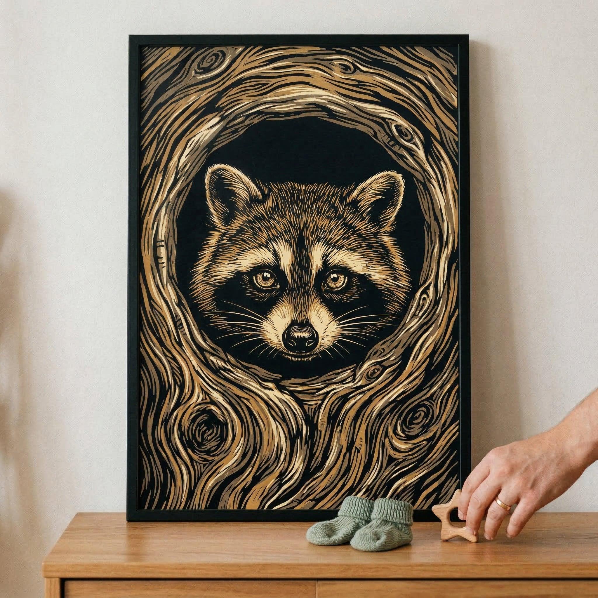 Curious Raccoon Wall Art, Woodcut Style Forest Animal Decor