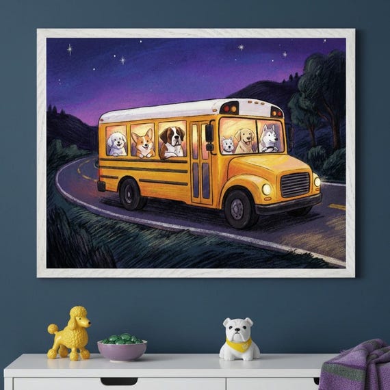 School Bus With Dogs Playful Nursery Wall Art, Whimsical Puppy