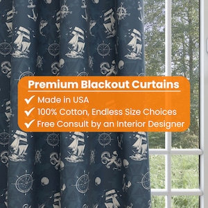 Nautical kids and nursery blackout curtains. Custom, handmade, made to measure curtains. Great for bedrooms and playrooms. Room darkening.