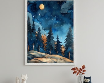 Night Forest Watercolor Style Wall Art, Moonlit Pine Tree Decor, Celestial Woodland Print, Starry Sky Illustration, Dark Blue Nature Decor