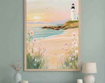 Lighthouse Coastal Scene Impressionistic Art Style Wall, Beach Sunset Landscape Art, Coastal Flower Meadow Decor, Nautical Shoreline Print