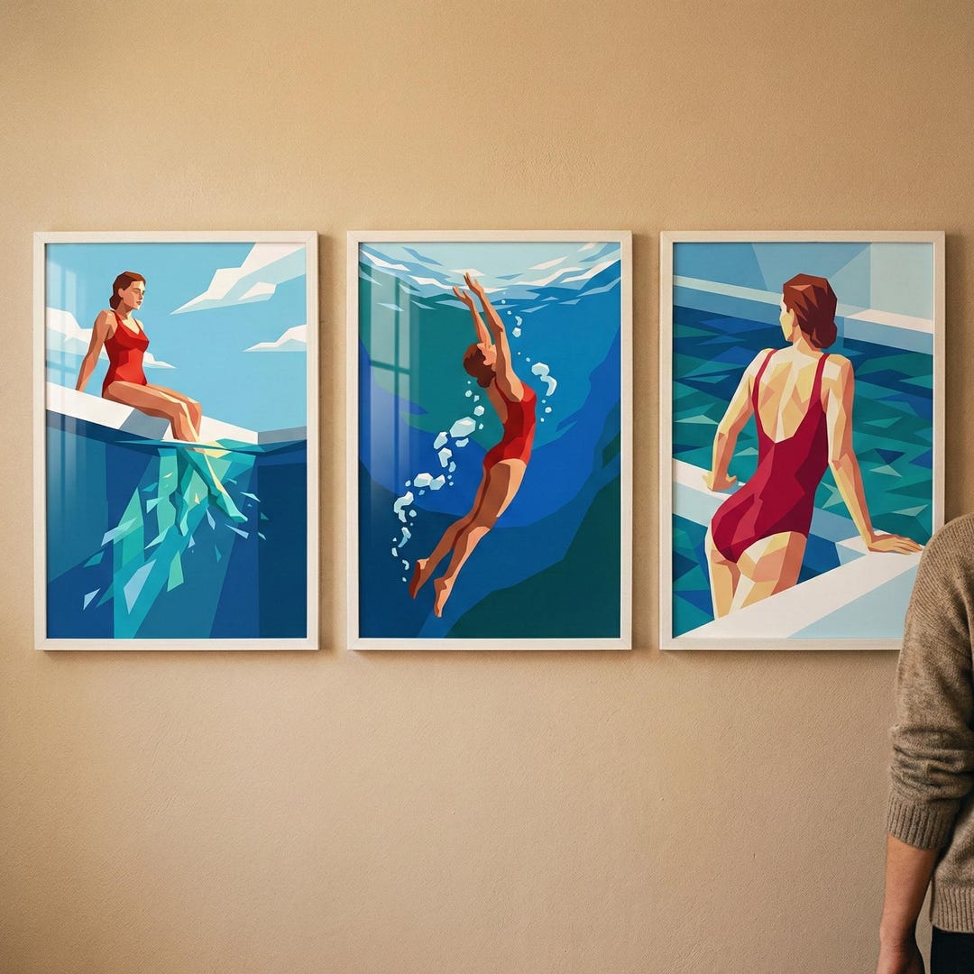Abstract Polygon Swimmer Wall Art Set of 3, Geometric Poolside Decor ...