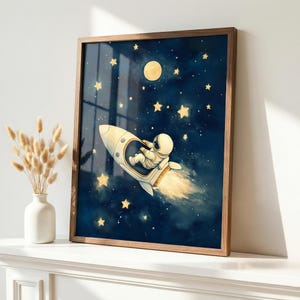 Astronaut Rocket Ship Framed Wall Art: Moonlit Night Sky Nursery Decor