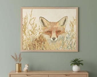Fox Wall Art, Woodland Animal Illustration, Vintage Nature Print, Rustic Nursery Decor, Cottagecore Home Decor, Forest Wildlife Sketch