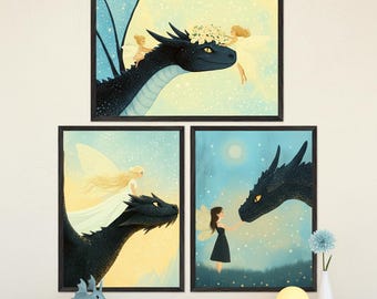 Fairy Dragon Wall Art - Set of 3, Mythical Nursery Decor, Whimsical Dragon Prints, Enchanted Forest Bedroom Art, Pastel Fantasy Illustration
