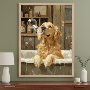 Golden Retriever Playful Bath Time Fun Wall Art, dog bathroom decor, puppy bubble art print, pet lover gift, goldie nursery poster