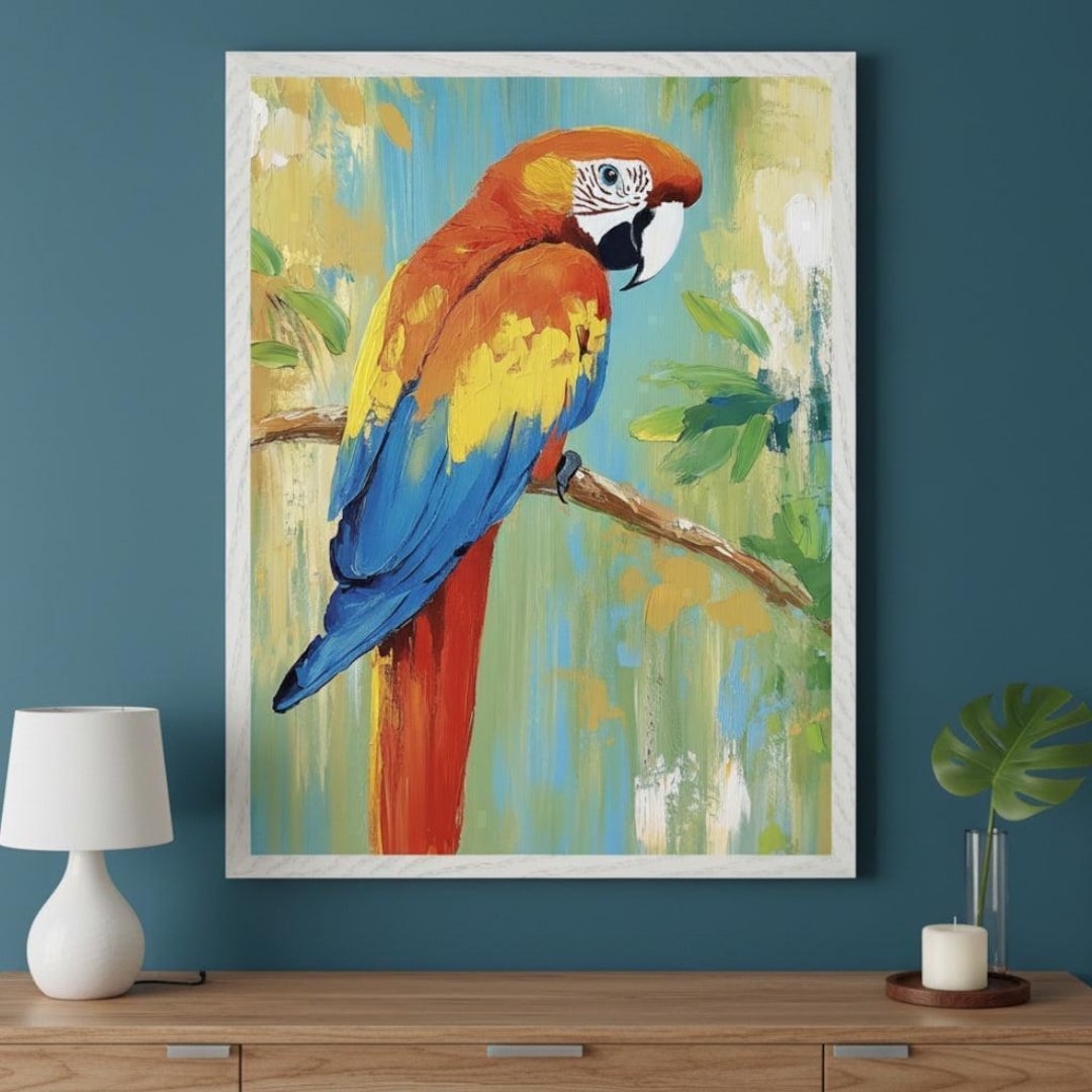 Parrot Textured Vibrant Parrot Expressive Textured Brushwork Wall Art, Colorful Macaw ...