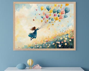 Girl With Balloons Whimsical Fantasy Art Wall, colorful nursery decor, magical wildflower print, flying girl illustration