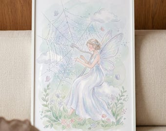Dreamy Harp Playing Fairy Wall Art, whimsical sprite illustration, cottagecore nursery decor, watercolor style garden print, magical artwork