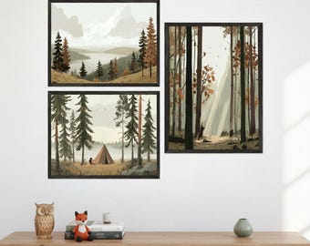 Woodland Forest Landscape Wall Art, Camping Tent Wilderness Decor, Pine Tree Nature Illustration Set, Earthy Tone Outdoor Adventure Print