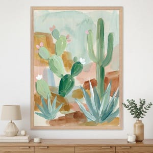 Desert Cactus Abstract Watercolor Style Wall Art, Southwestern Nursery Decor, Sage Green Boho Cactus Print, Saguaro Desert Illustration