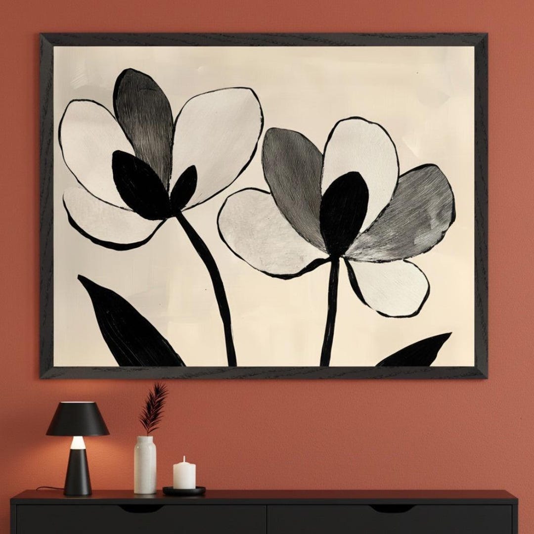 Botanical Flowers Minimalist Ink Wall Art, Black and White Floral Print ...