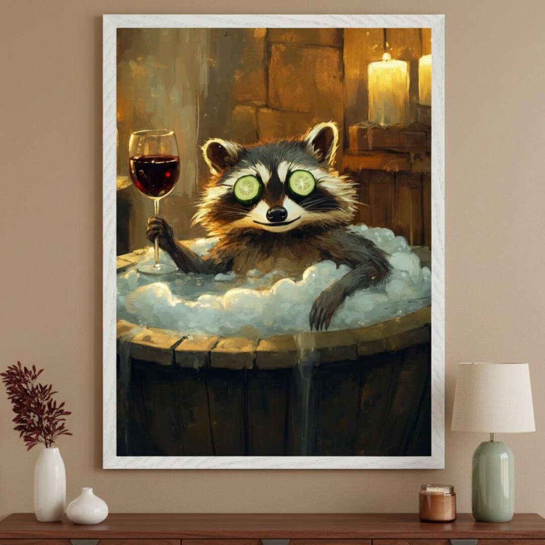Raccoon Relaxing in A Bubble Bath Wall Art, Funny Animal Spa Decor ...