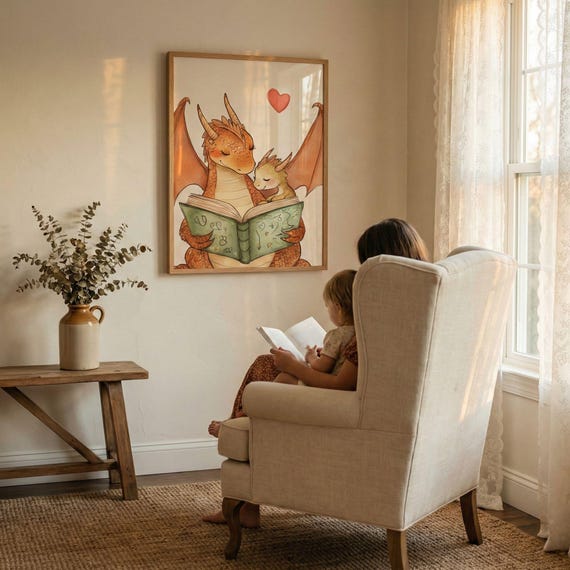 Baby Dragon Cuddling During Storytime Wall Art, Whimsical Nursery