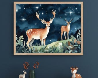 Deer Watercolor Illustration Wall Art, Starry Sky Forest Print, Woodland Deer Nursery Decor, Whimsical Nature Art, Celestial Wildlife Art