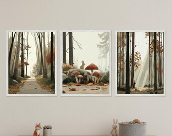 Woodland Forest Wall Art Set, Mushroom Rabbit Nursery Decor, Cottagecore Nature Prints, Autumn Woods Set of 3, Neutral Forest Illustration
