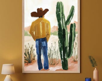 Desert Cowboy Impasto Style Wall Art, Southwestern Landscape Decor, Saguaro Cactus Print, Textured Oil Style Art, Rustic Ranch Decor