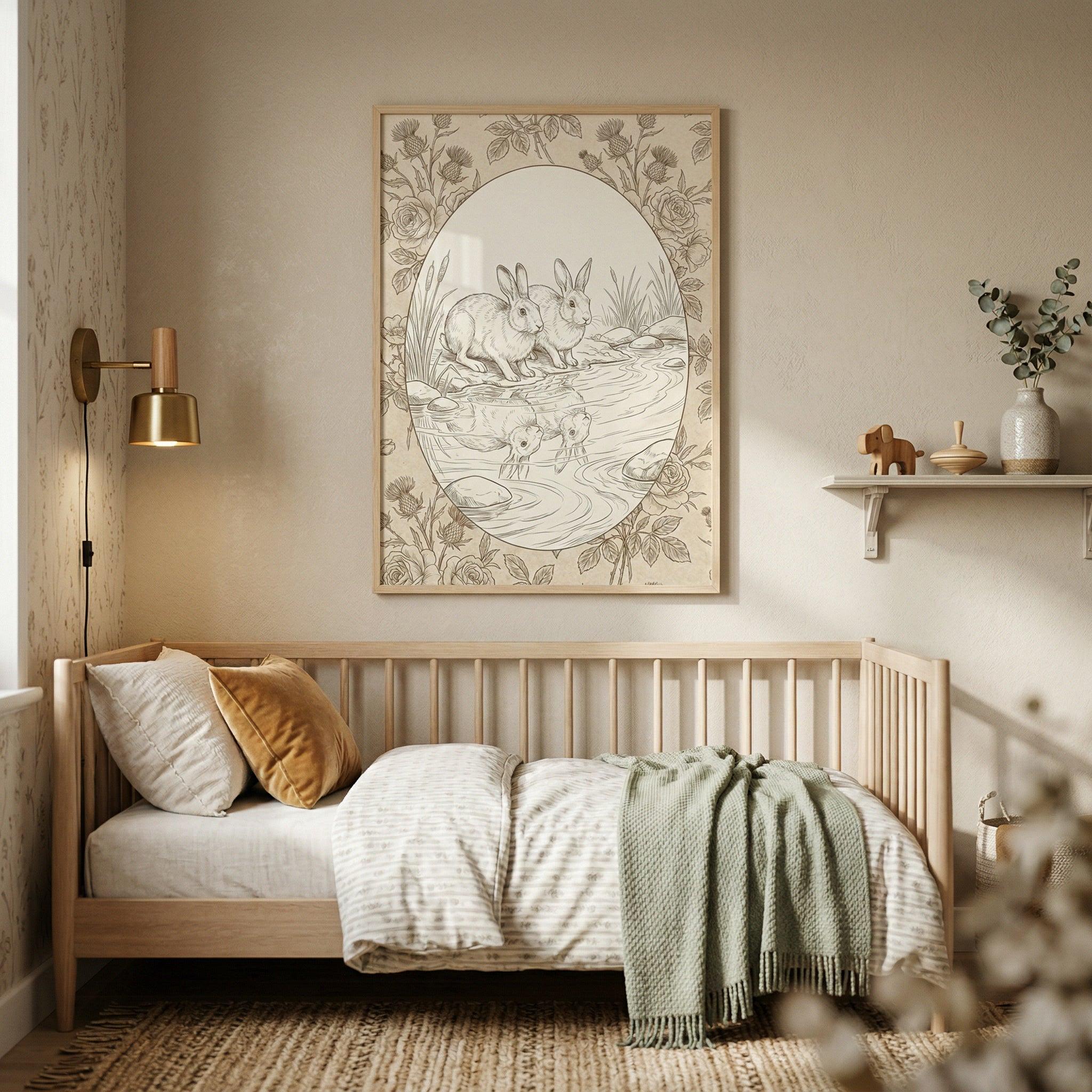Sepia Point Rabbit Vintage Pond Reflection Rabbit Wall Art, Sepia Bunny Sketch Drawing ...