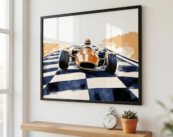 Race Car Wall Art, Vintage Orange Metallic Print, Retro Racing Decor, Mid Century Garage Art, Motorsport Poster, Track Illustration