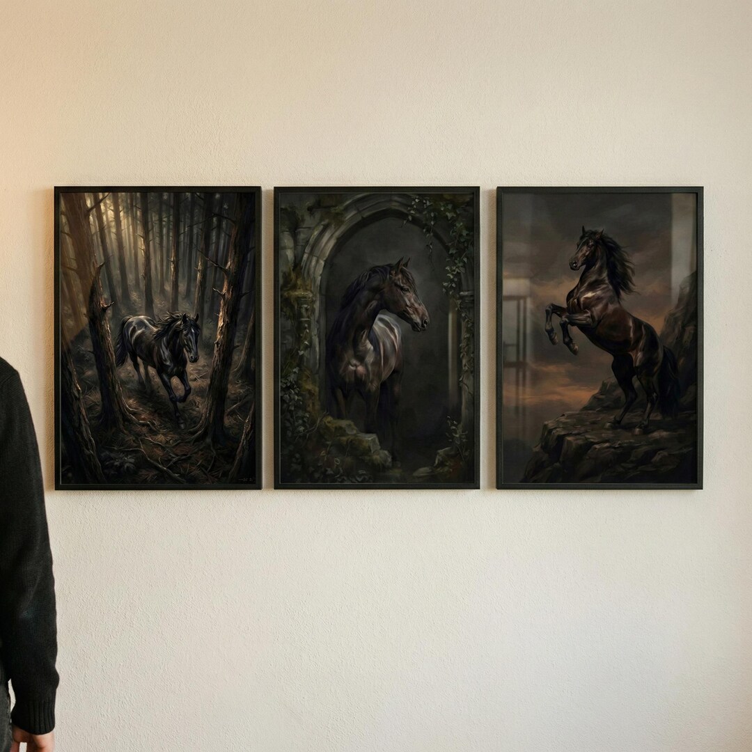 Black Horse Wall Art, Dark Forest Gothic Decor, Moody Stallion Art ...