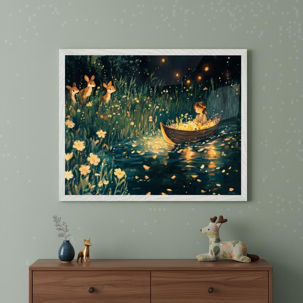 Girl In Boat Whimsical Night Scene Wall Art, Enchanted Forest