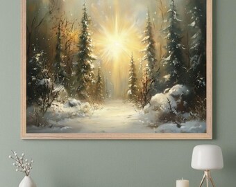Winter Forest Snowy Landscape Wall Art, Golden Christmas Star Pine Decor, Celestial Winter Woodland Print, Impressionist Snowy Path Decor