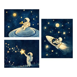 Astronaut Space Wall Art Set of 3, Nursery Outer Space Decor, Cosmic ...