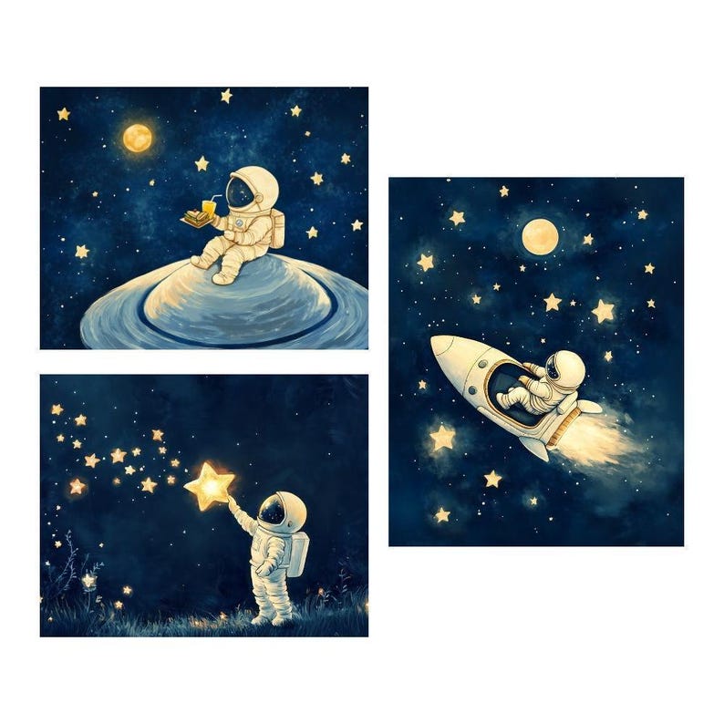 Astronaut Space Wall Art Set of 3, Nursery Outer Space Decor, Cosmic ...
