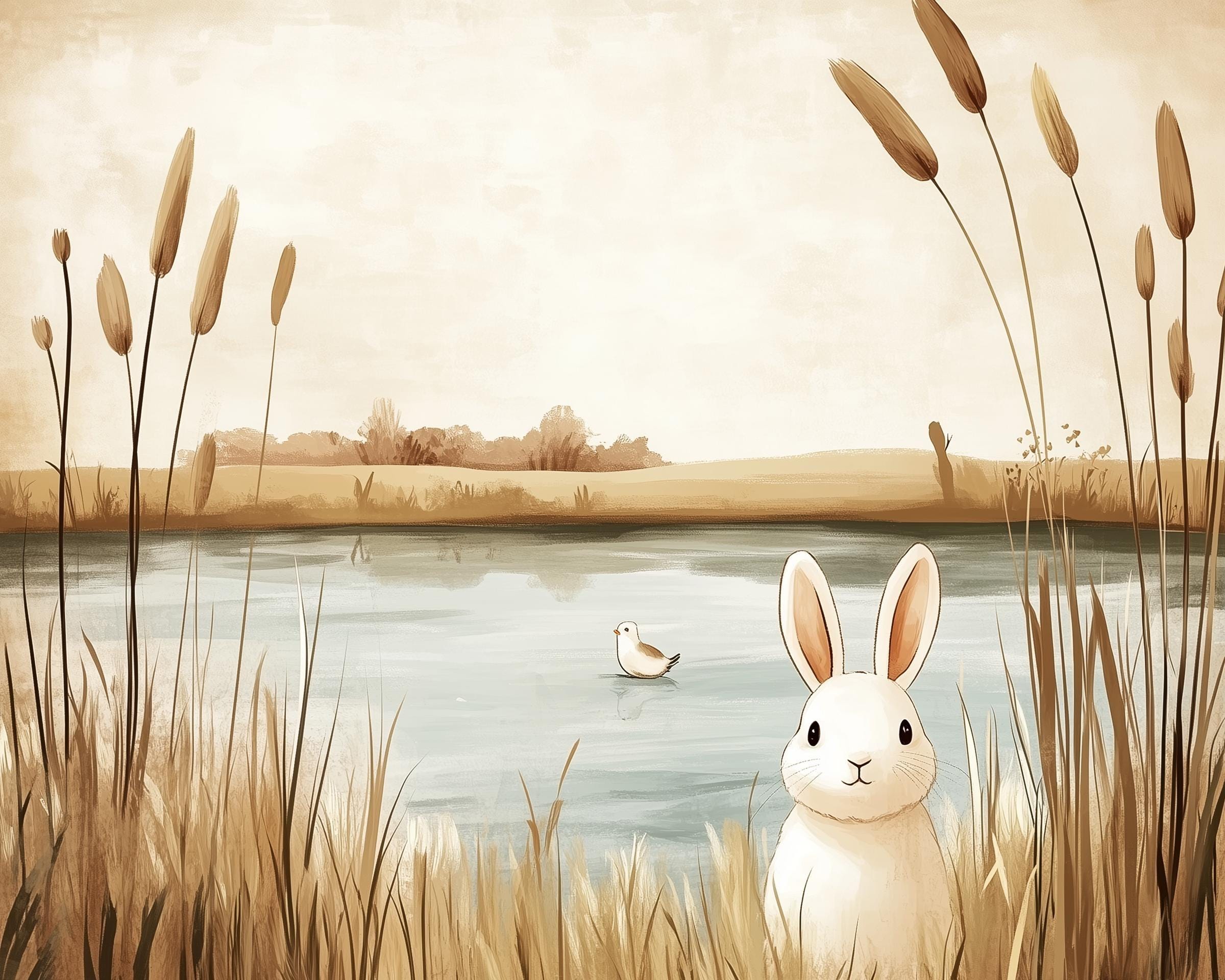 White Bunny Watercolor Wall Art, Nursery Pond Decor, Woodland