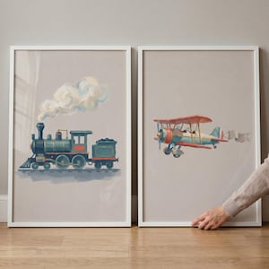 Watercolor Vintage Transportation Wall Art Set of 2, steam engine train nursery decor, biplane airplane boy room art, antique vehicle prints