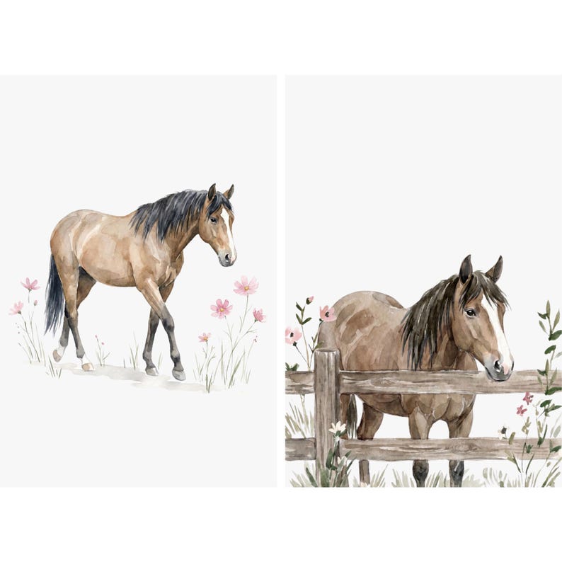 Brown Horse Wall Art Set Of 2 Watercolor Horse Nursery Decor Floral brown-horse-wall-art-set-of-2-watercolor-horse-nursery-decor-floral