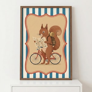 May include: A framed print featuring a cartoon squirrel on a red bicycle, holding a map. The squirrel wears a backpack. The background has a tan center with a red and white border, and blue and white striped edges.