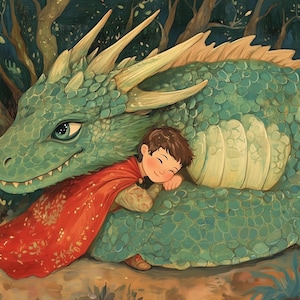 Nursery Wall Art of Dragon and Child, Kids Room Decor, Fantasy Forest Storybook Print, Mythical Creature Art image 2