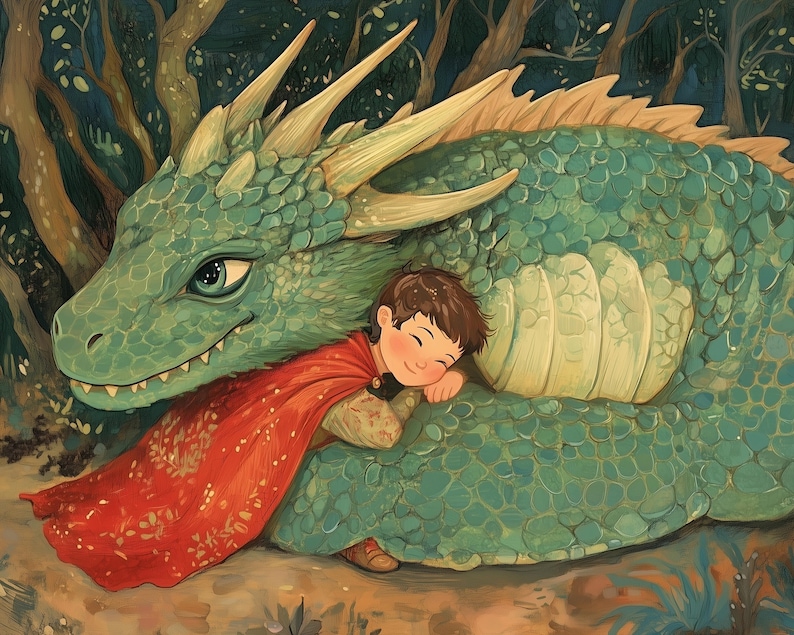 Nursery Wall Art of Dragon and Child, Kids Room Decor, Fantasy Forest Storybook Print, Mythical Creature Art image 2