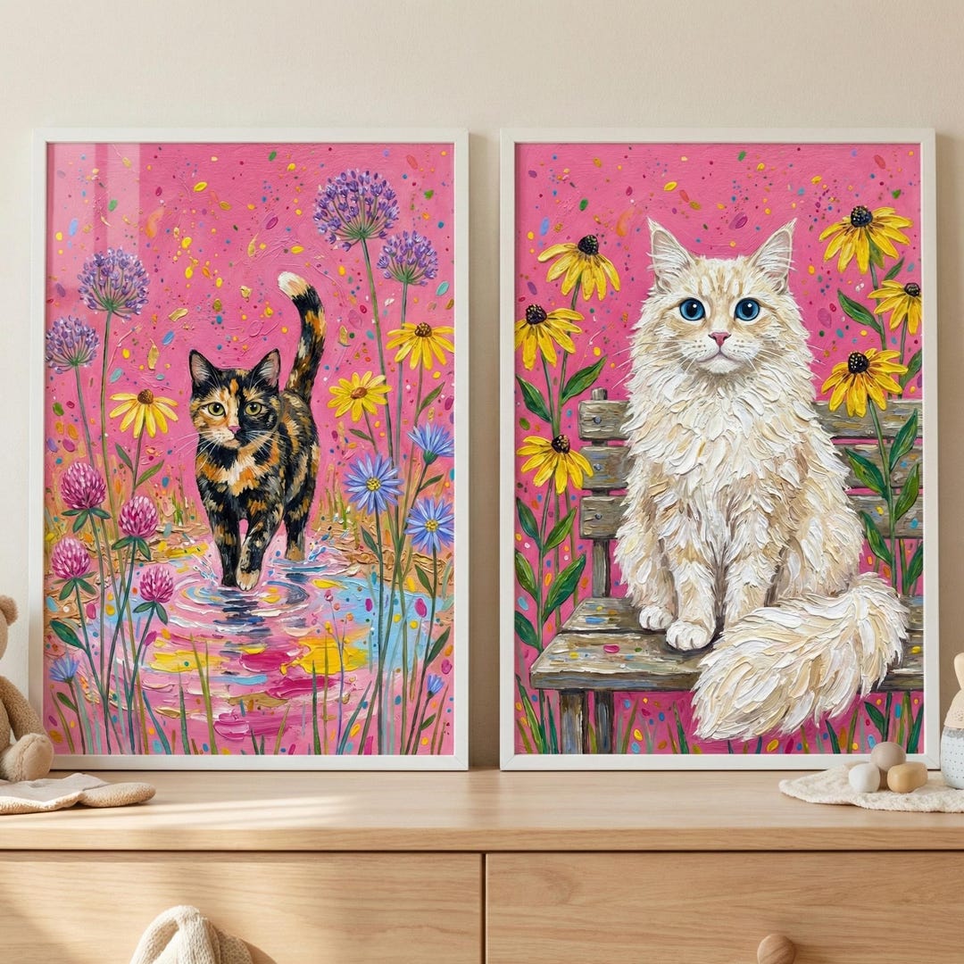 Whimsical Cat Wall Art Set of 2, Tortoiseshell and Fluffy Cat Art ...