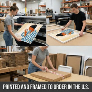 The image is a collage of three photos depicting the process of printing and framing a piece of artwork.