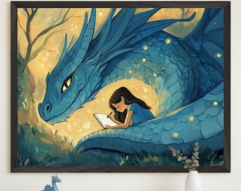 Girl and Dragon Whimsical Illustration Wall Art, Fantasy Nursery Decor, Mythical Creature Art, Storybook Room Decor, Blue Dragon Art Print