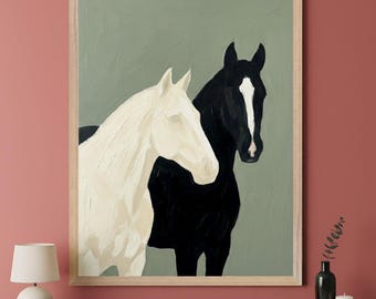 White Horse Thick Textured Wall Art, Minimalist Black and White Horse Decor, Sage Green Equestrian Animal Print, Impasto Style Farmhouse Art