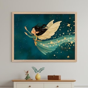 Flying Fairy Whimsical Stardust Wall Art, Magical Night Sky Nursery Decor, Celestial Pixie Illustration, Enchanted Fantasy Sprite Poster