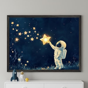 Ingelijste muurkunst kinderkamer: grillige astronaut - ontwerp met gloeiende sterren