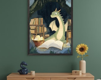Green Dragon Reading Whimsical Wall Art, Dragon Library Nursery Decor, Storybook Dragon Print, Fantasy Cave Art, Bookworm Dragon Poster