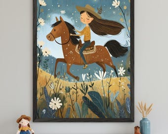 Girl Horse Rider Whimsical Wall Art, equestrian nursery decor, folk art horse illustration, cottagecore girl decor, starry night print